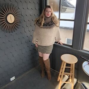 American Eagle Outfitters Beige Turtleneck Poncho Sweater with Nordic Yoke